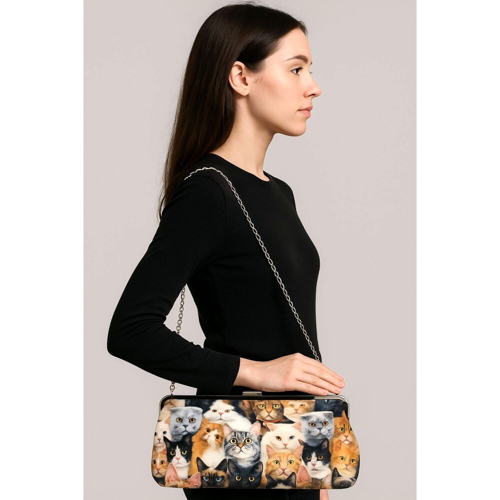 Cat Lady Cat Face Print Kiss Lock Clutch Crossbody Purse Silver Tone Chain Gift